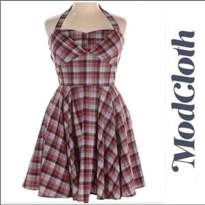 Ixia modcloth orange gray plaid traveling cupcake dress